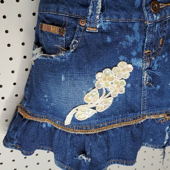 Trashed Glammed Up Grunge Lace Sequins Sugar Skull Denim Skirt, Sz 5 Custom UP - Picture 6 of 9